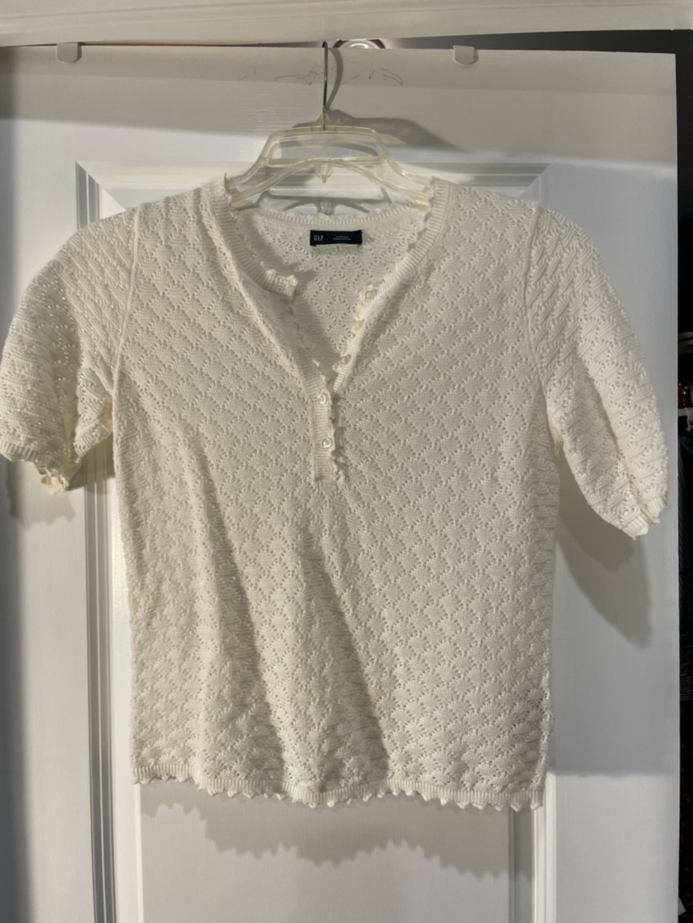 GAP Off White Pointelle Linen-Blend Short-Sleeve Henley Top